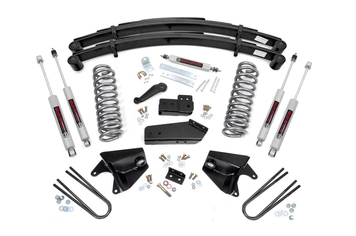 Ford Bronco Suspension Lift Kit - Rear - Rough Country - 4 Inch, Front Coil Springs, Rear Leaf Springs, N3 Shocks - '80-'96